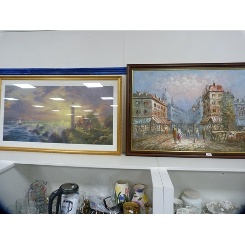 119 - BurnettContinental street scene and a framed Thomas Kinkade print, 'The Guiding Light'. with two Con... 