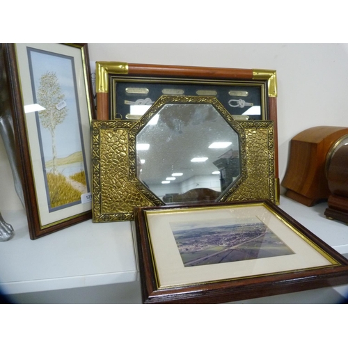 121 - Framed knot picture, brass hall tidy and two framed prints.