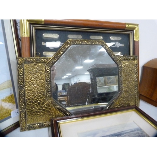 121 - Framed knot picture, brass hall tidy and two framed prints.