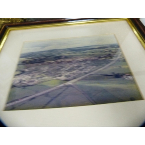 121 - Framed knot picture, brass hall tidy and two framed prints.