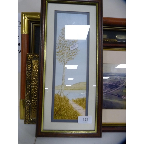 121 - Framed knot picture, brass hall tidy and two framed prints.