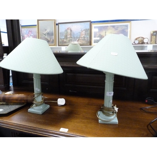 127 - Pair of green pottery table lamps and similar shades.  (2)