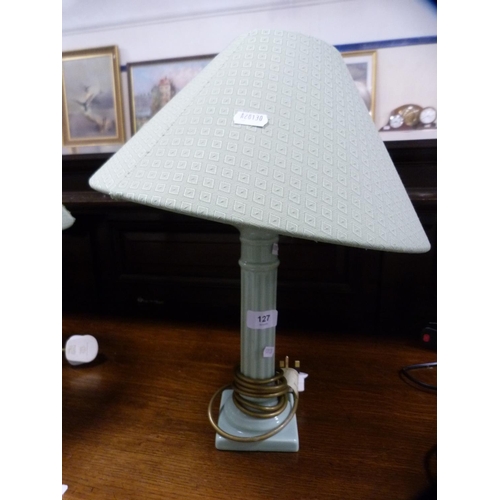 127 - Pair of green pottery table lamps and similar shades.  (2)