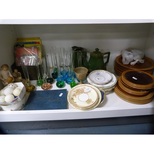 130 - Collection of coloured bulb vases, Hornsea part breakfast set, autograph book etc (one shelf).