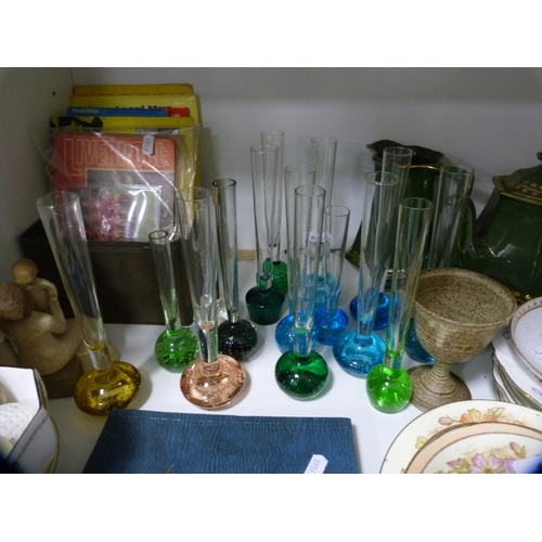 130 - Collection of coloured bulb vases, Hornsea part breakfast set, autograph book etc (one shelf).