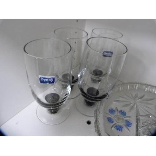 135 - Smokey glass lemonade set, other glassware etc (one shelf).