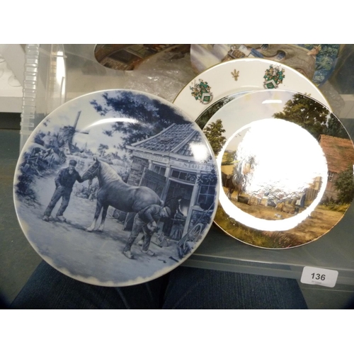 136 - Collection of collector's plates including Doulton and four framed prints (one shelf).