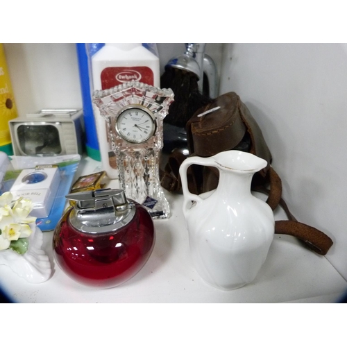 137 - Collection of decorative items including two Thermos flasks, CDs, tankard etc (one shelf).