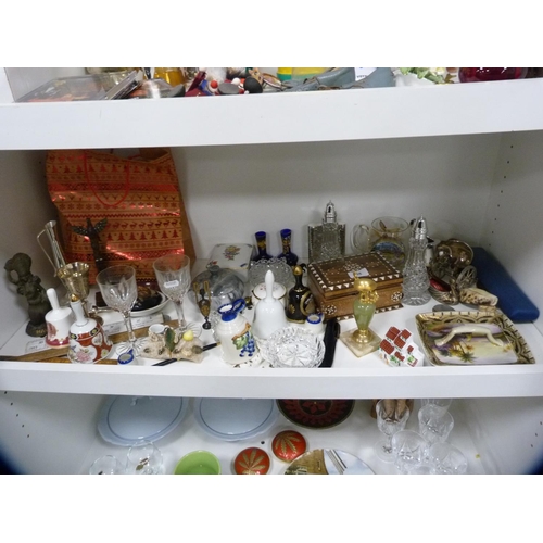 138 - Collection of decorative items including inlaid box, Noritake dish, EP etc (one shelf).