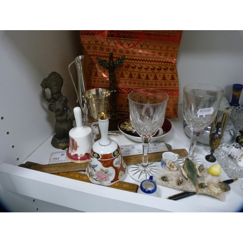 138 - Collection of decorative items including inlaid box, Noritake dish, EP etc (one shelf).