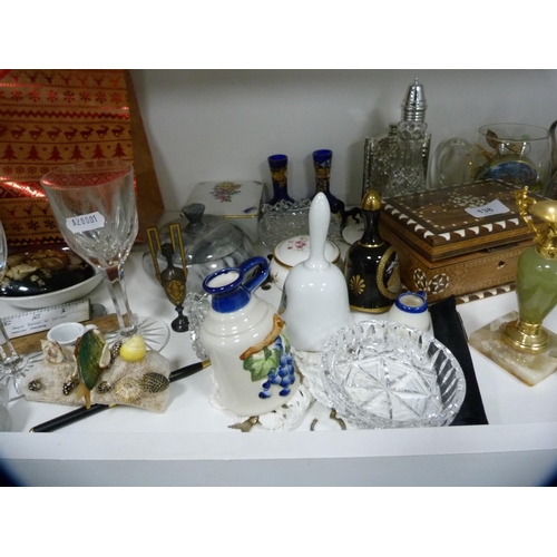 138 - Collection of decorative items including inlaid box, Noritake dish, EP etc (one shelf).