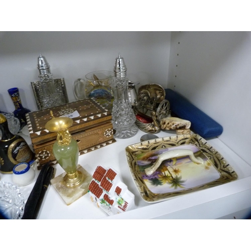 138 - Collection of decorative items including inlaid box, Noritake dish, EP etc (one shelf).