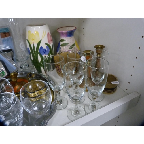 142 - Glass kettle, floral decorated vases, glassware etc (one shelf).