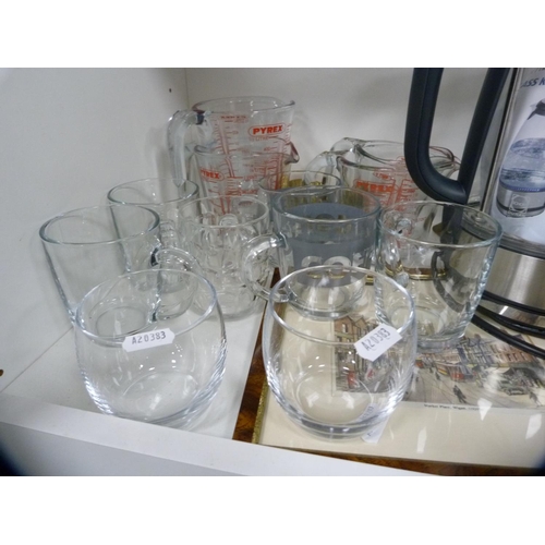 142 - Glass kettle, floral decorated vases, glassware etc (one shelf).