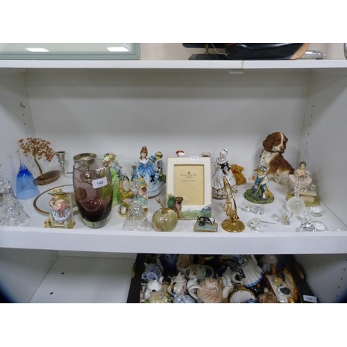 148 - Border Fine Arts Studio frame, art glass vase and a collection of various figures (one shelf).