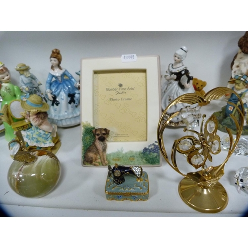 148 - Border Fine Arts Studio frame, art glass vase and a collection of various figures (one shelf).