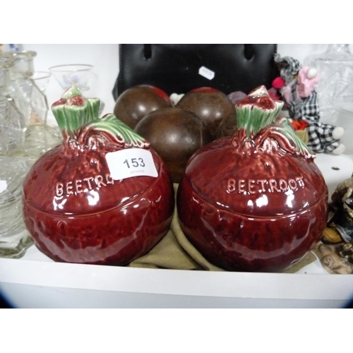 153 - Pair of Sylvac beetroot jars, bowls, decanters, travel iron, handbag, carpet bowls, ceramic door han... 