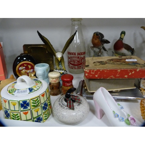 156 - Collection of cased glassware, decorative ceramics to include birds, perfumes etc (two shelves).