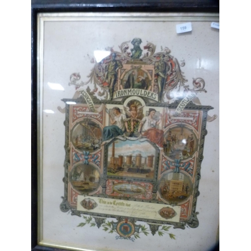 159 - The Association of Iron Moulders of Scotland framed certificate and a collection of colour prints.