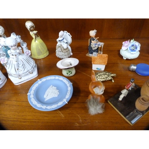 161 - Tiffany-style table lamp, assorted glass ornaments, Delft house ornament, figures, Wedgwood Jasper w... 