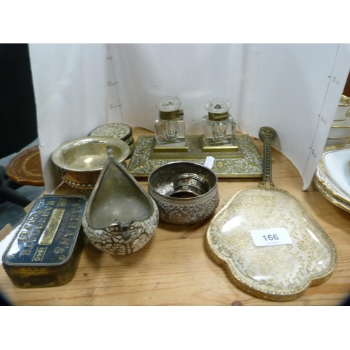 166 - Victorian brass inkstand with two glass bottles and various other items.