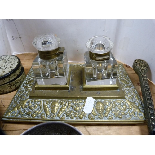 166 - Victorian brass inkstand with two glass bottles and various other items.