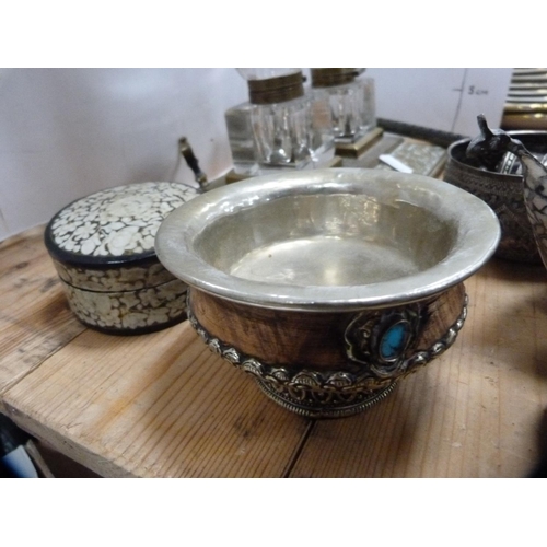 166 - Victorian brass inkstand with two glass bottles and various other items.