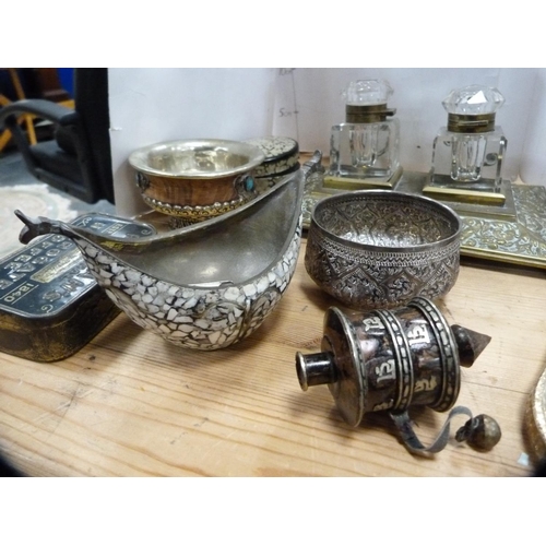 166 - Victorian brass inkstand with two glass bottles and various other items.