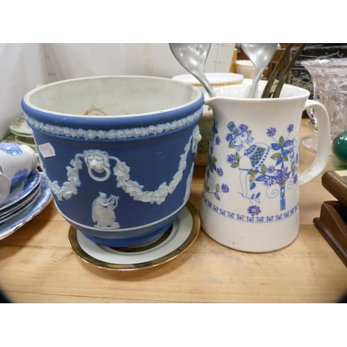 169 - Floral decorated part dinner set, wash bowl, Wedgwood blue Jasper ware jardinière, Wedgwood h... 