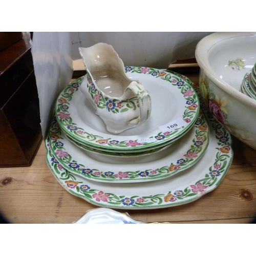 169 - Floral decorated part dinner set, wash bowl, Wedgwood blue Jasper ware jardinière, Wedgwood h... 