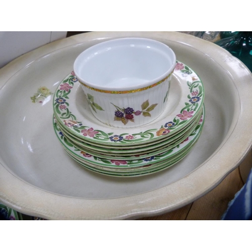 169 - Floral decorated part dinner set, wash bowl, Wedgwood blue Jasper ware jardinière, Wedgwood h... 