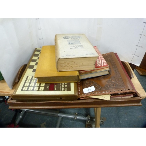 170 - Wooden tray, various books including needlework and crafts, leather document holders etc.