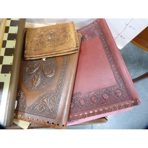 170 - Wooden tray, various books including needlework and crafts, leather document holders etc.