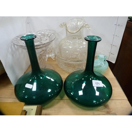 171 - Pair of green glass decanters, cut glass flower vases, bowls etc.