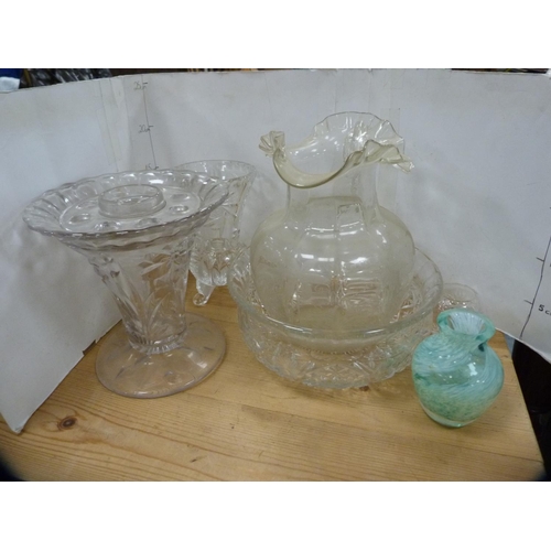 171 - Pair of green glass decanters, cut glass flower vases, bowls etc.