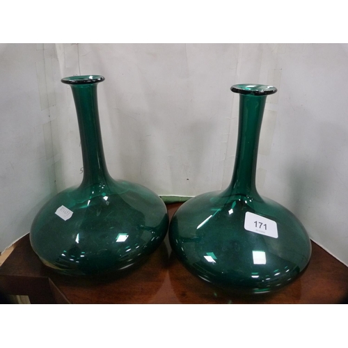 171 - Pair of green glass decanters, cut glass flower vases, bowls etc.