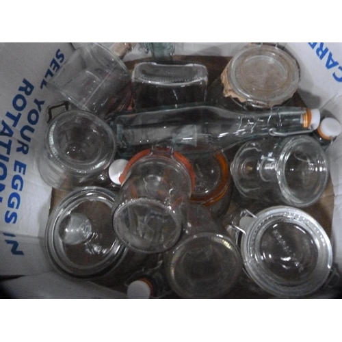 18 - Four waste paper bins, bag containing kitchenalia, box containing jam jars, glass bottles etc.