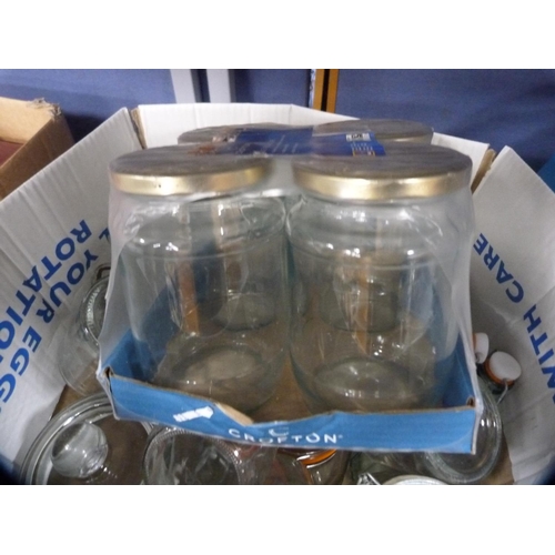 18 - Four waste paper bins, bag containing kitchenalia, box containing jam jars, glass bottles etc.