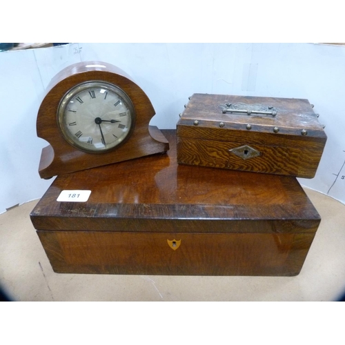 181 - Edwardian mantel clock, mahogany box containing assorted CDs and an oak box.