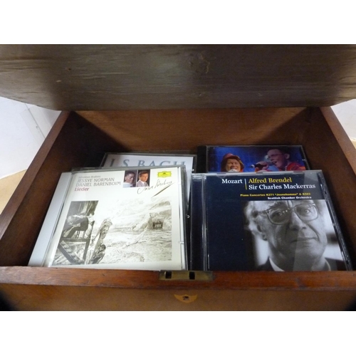 181 - Edwardian mantel clock, mahogany box containing assorted CDs and an oak box.