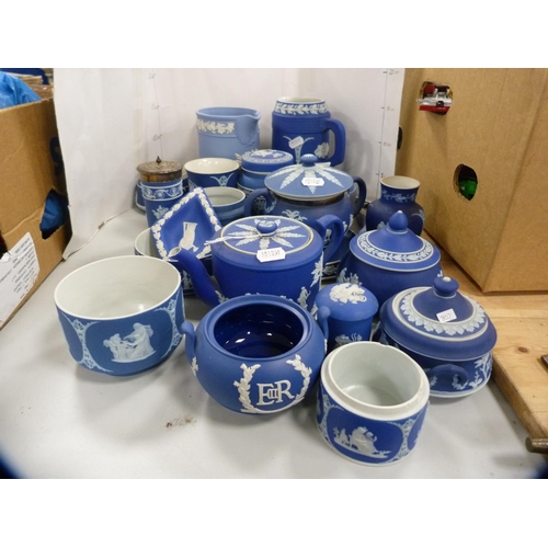 189 - Collection of blue Jasper ware jugs, boxes, dishes etc., some stamped Wedgwood.