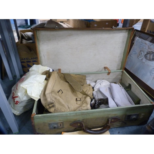 196 - Canvas-covered trunk containing sailor's top, belts, HMS Eagle books, kit bag etc.