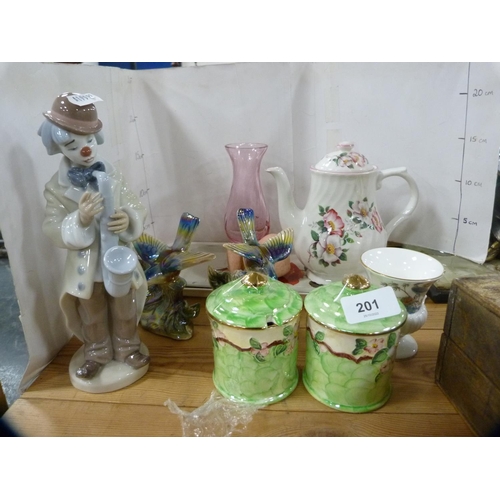 201 - Pair of Maling preserve pots, Lladro figure of a clown, Wedgwood dish, Old Foley coffee jug etc.