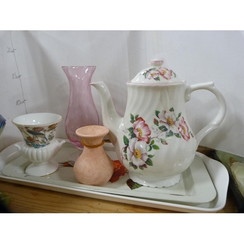 201 - Pair of Maling preserve pots, Lladro figure of a clown, Wedgwood dish, Old Foley coffee jug etc.