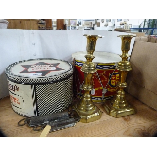 204 - Pair of brass candlesticks, two Salter's spring balances, a Riley's Toffee tin and another similar t... 