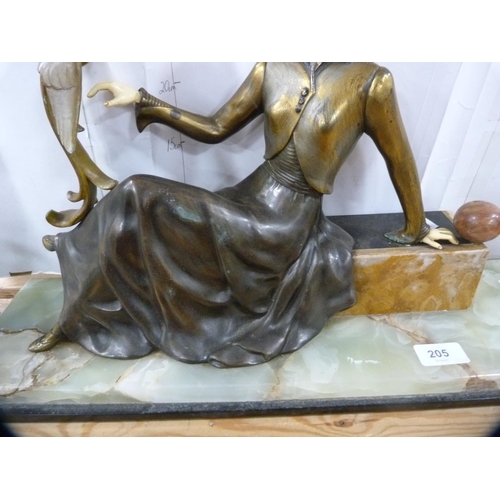 205 - Art Deco-style figure holding a bird, on plinth base.