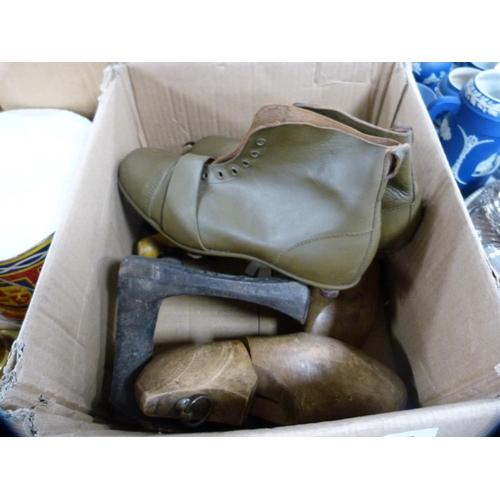 207 - Pair of wooden shoe lasts, metal shoe lasts, pair of leather vintage rugby boots etc.