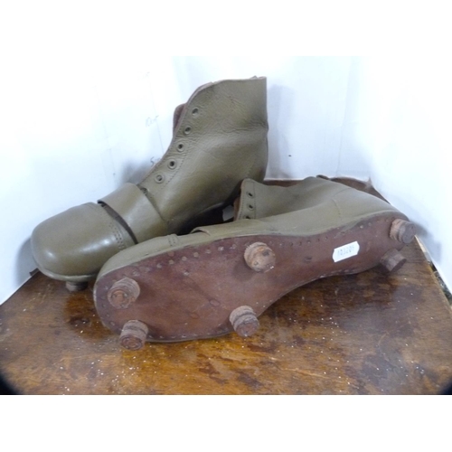 207 - Pair of wooden shoe lasts, metal shoe lasts, pair of leather vintage rugby boots etc.