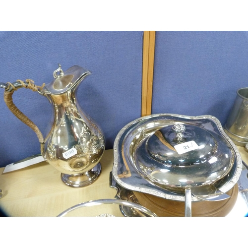 21 - Collection of EP to include tureen with ladle, bread board with stand, water pot, dishes etc.