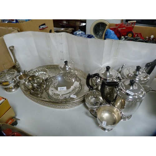 210 - Five-piece EP tea set with decorated border, galleried tray and other EP.